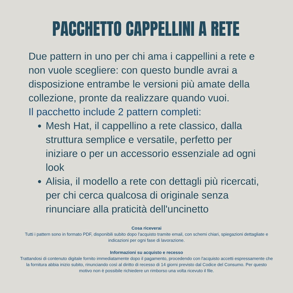 Pacchetto di schemi: cappellino a rete classico + cappellino modello alisia